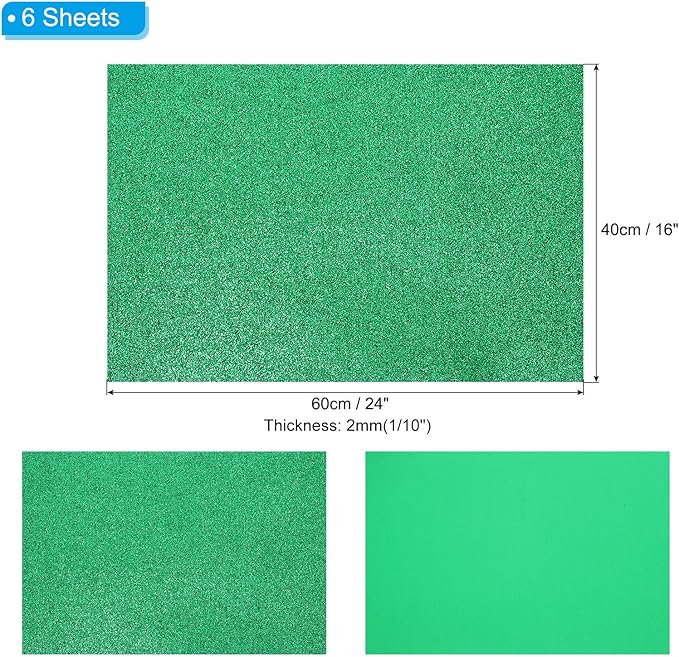 PATIKIL 2mm(1/10") Thick Non Adhesive Glitter Foam Sheet 16x24inch(40x60cm) Dark Green, EVA Shiny Foam Board for Craft, 6 Pcs