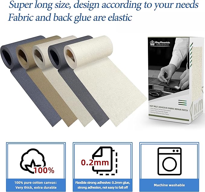 KING MOUNTAIN Canvas Iron on Patch,3"×60",Waterproof 100% Cotton Fabric Repair Patch,Used for Various Sofa,Tent,Clothes,Seats,Suitcases (Beige)