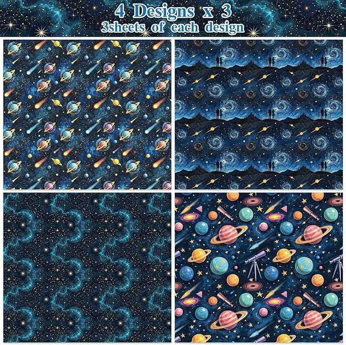 Pineraap 12 Sheets Galaxy Telescope Wrapping Paper, Starry Sky Gift Wrap Folded Flat Blue Space Craft Paper for Astronomy Lovers Birthday Party Baby Shower Present Packing, 19.7 x 27.6 Inch