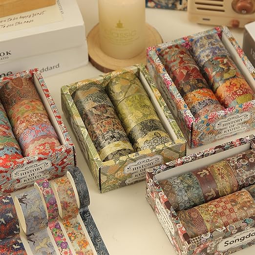 12 Rolls Kyoto Charm Washi Tape Set Japanese Arts Adhesive Tapes Geometric Garden Decorative Masking Tape Sets for Craft, Kids, Scrapbook, DIY, Gift Wrapping (Green Song)