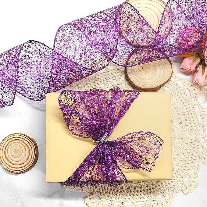 CT CRAFT LLC Sparkling Glitter Mesh Wired Ribbon 2.5" x 20 Yards Purple for Christmas Home Decor Bow Gift Wrapping DIY Crafts Wreath
