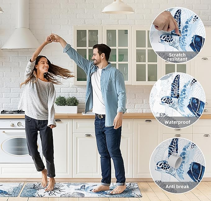 Coastal Beach Kitchen Floor Mat Rugs Nautical Decorative Coral Sea Turtle Kitchen Rugs Anti Fatigue Mats Non-Slip Comfort Standing Cushioned for Kitchen 17.3" 28" + 17.3" x 47" Set 2 Pcs Navy Blue