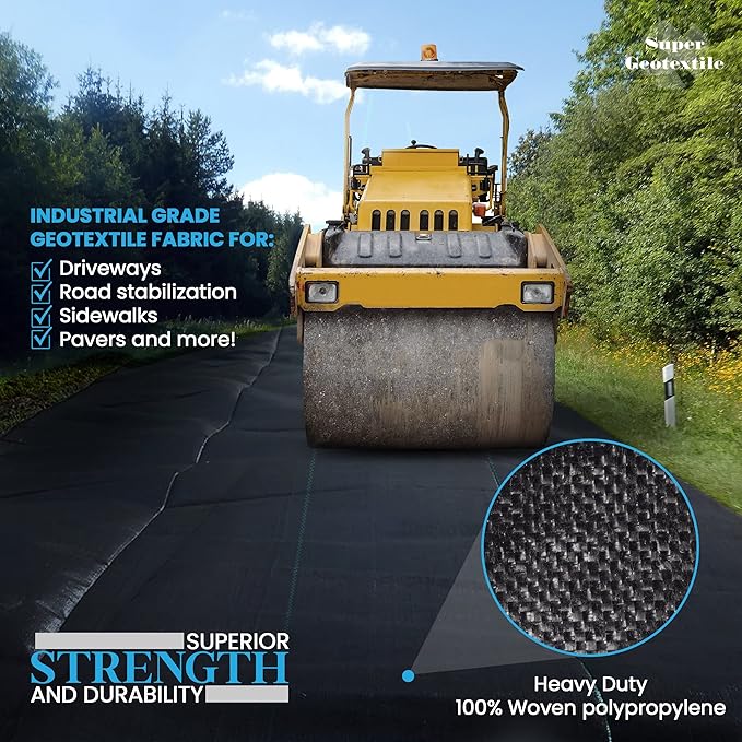 Woven Geotextile Fabric for Driveway and Road Stabilization, Construction Underlayment, Erosion Control, Commercial Grade 50 Year for Gravel Roads and Pavers (15x60) Ships Folded