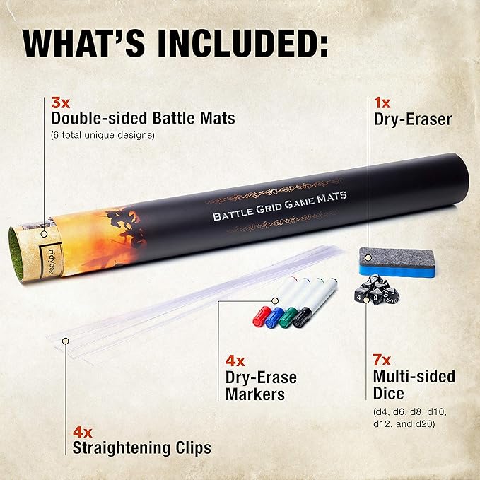 Tidyboss DND Starter Set | 3 X Double Sides 24x 36 Game Grid Mat | 6 Terrains Includes Dry Erase Markers, Eraser, Dice and Clips