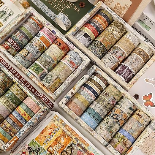 Vintage Washi Tape Set - 24 Rolls Arts Adhesive Tapes Assorted Retro Decorative Masking Tape Sets for Craft, Kids, Scrapbook, DIY, Gift Wrapping (1-Renaissance Dreams)