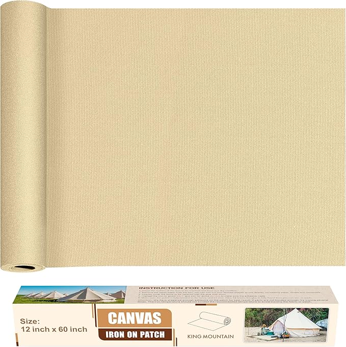KING MOUNTAIN Canvas Iron on Patch,12"×60",Waterproof 100% Cotton Fabric Repair Patch,Used for Various Sofa,Tent,Clothes,Seats,Suitcases (Camel,Waterproof)