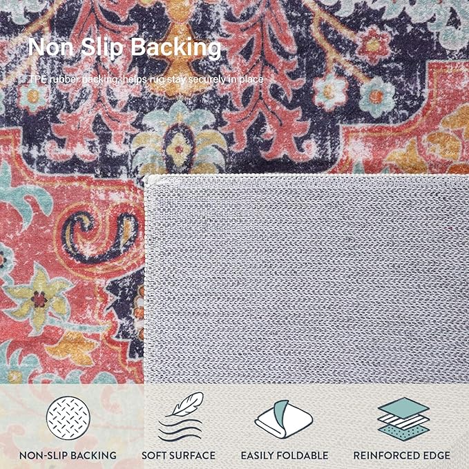 Lahome Area Rugs 9x12 Rugs for Living Room,Large Bedroom Dining Room Rug,Boho Vintage Soft Non-Slip Non-Shedding Low Pile Printed Indoor Carpet for Nursery Kids Home Office(9x12ft,Fuchsia)