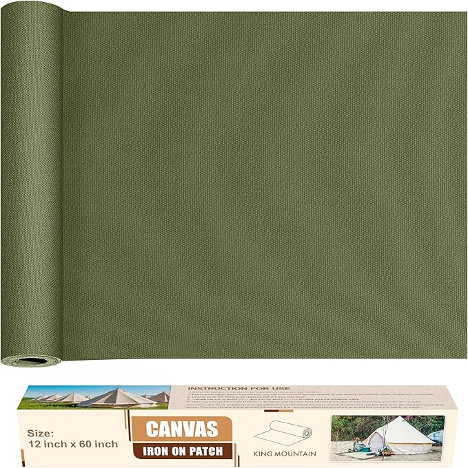 KING MOUNTAIN Canvas Iron on Patch,12"×60",Waterproof 100% Cotton Fabric Repair Patch,Used for Various Sofa,Tent,Clothes,Seats,Suitcases (Grass Green,Waterproof)