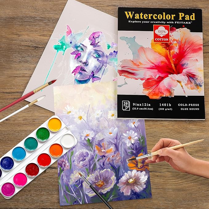 FEITAKE Watercolor Sketchbook 9"x12" Watercolor Paper Pad 100% Cotton/Cold Pressed /140lb (300gsm)/ Acid Free Artist Grade Water Color Art Drawing & Painting Paper -20 Sheets Pack