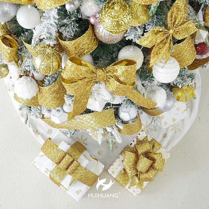 HUIHUANG Gold Glitter Wired Ribbon for Christmas Tree 2.5 inch Gold Diamond Mesh Ribbon for Tree Decoration, Wreaths, Garland, Gift Wrapping, Large Bows Making, Home Decor -10 Yards