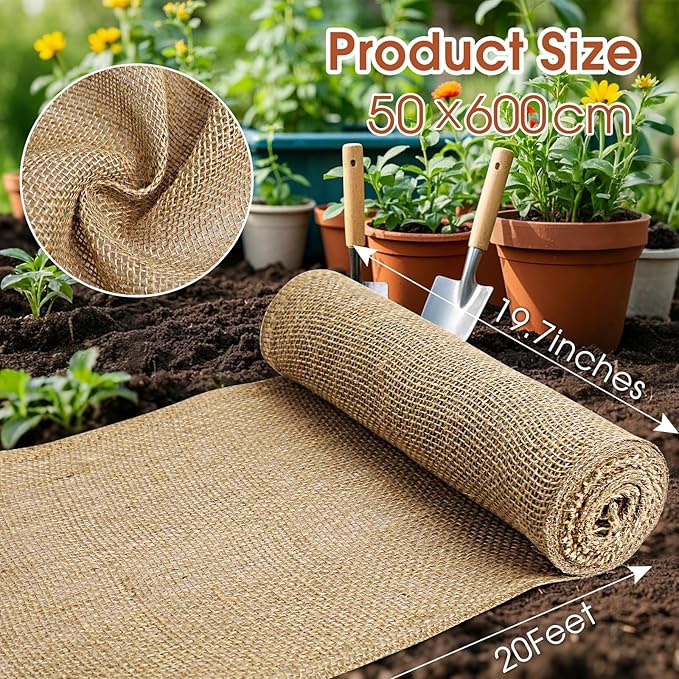 Burlap Fabric - Garden Burlap Fabric Roll Natural Jute Outdoor Fabric Burlap Weed Barrier Trees Trunk Wrap for Crafts Farmhouse Gardening Table Decor for Crafts (19.7" x 20 Feet)