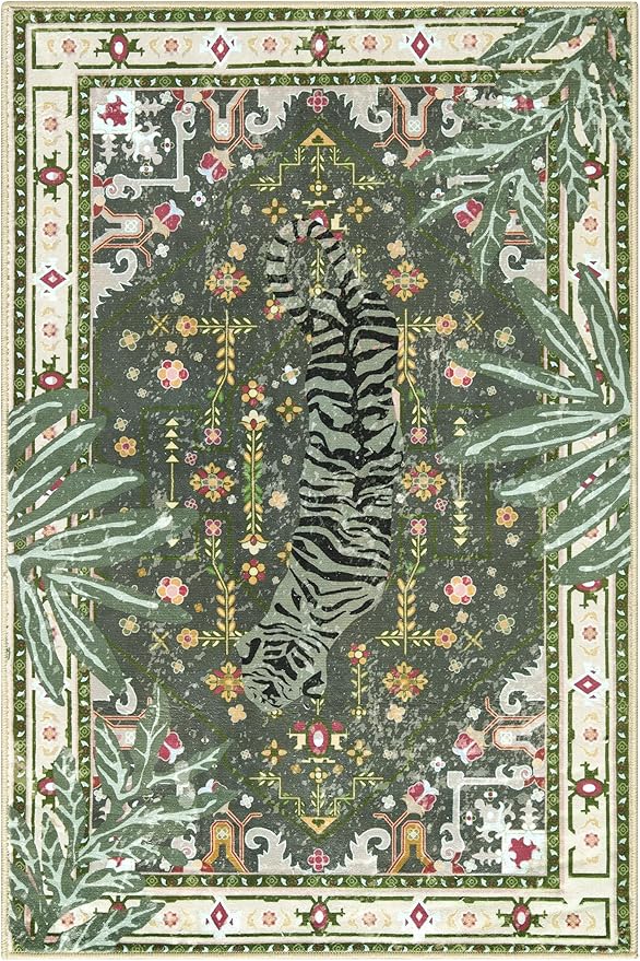 Oriental Tropical Washable Rugs, Greyish Green Boho Vintage Distressed Hippie 4x6 Area Rugs for Living Room Bedroom Kitchen Entryway Dorm, Abstract Botanical Animal Tribal Accent Carpet