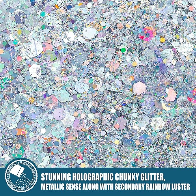 Holographic Chunky Glitter, 5.64oz/160g Craft Glitter Powder Mixed Chunky & Fine Flakes, Iridescent Sequins for Nail Art, Hair, Body, Eye Epoxy Resin, Tumblers, Painting, Festival Decor (Silver)