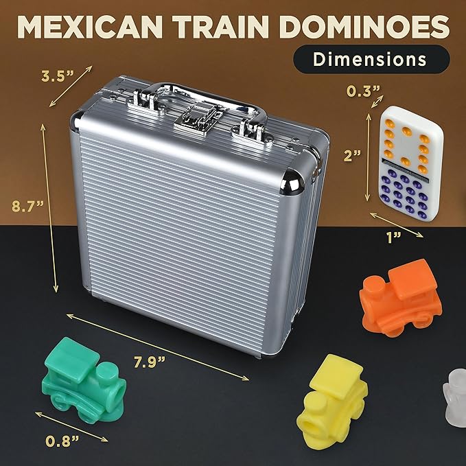 Queensell Mexican Train Dominoes - 136 Colored Dot Double 15s, 9 Trains, Wooden Hub, Aluminum Case