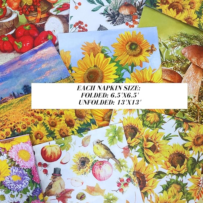 Mystery Pack Decoupage Paper Napkins, 20-ct Assorted Surprise Napkins, Decorative Napkins for Art Craft Junk Journal, Scrapbooking, 20 Different Fall Designs