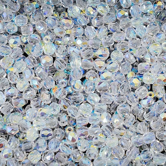 0.88oz (600+ pcs) Faceted Fire Polished Pressed Czech Glass Beads 3mm (0.12in), Crystal AB 00030-28701