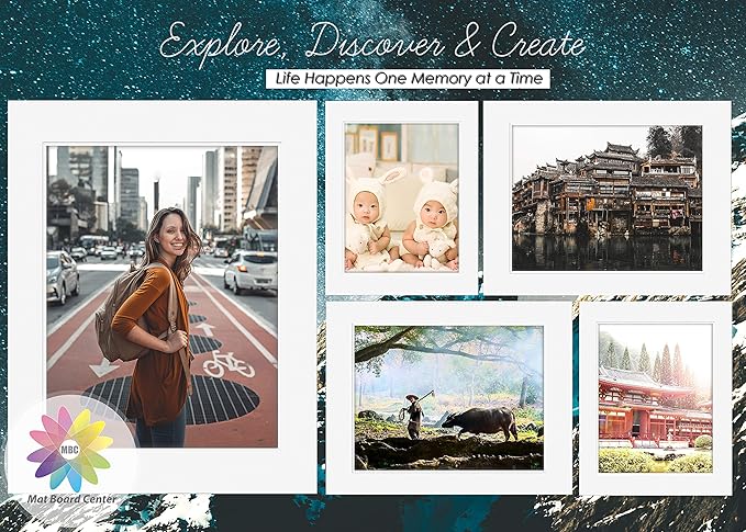 Mat Board Center, Pack of 50, 8x10 for 5x7 Mix Color Picture Mat Sets - Acid Free, 4-ply Thickness, Bevel Pre-Cut White Core - Includes Backing Boards and Clear Bags - for Pictures, Photos, Framing