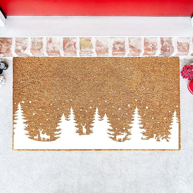 Christmas Stencils for Window Glass Large Christmas Stencils for Door Mats Forest Deer Winter Scene Holiday Stencil for Painting on Wood Doormat Fabrics Decor