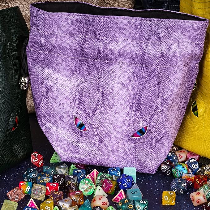Large DND Dice Bag Leather Dice Storage Bag Purple D&D Drawstring Pouch with Pockets for RPG Table Games - Can Hold 200+ Polyhedral Dice