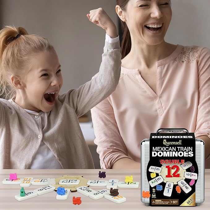 Queensell Mexican Train Dominoes Set with Numbers, Double 12 Dominoes Sets for Adults, Mexican Domino Train for Adults and Family - Domino Sets 91 Tiles with Aluminum Case