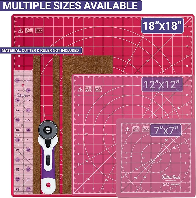 The Quilted Bear Rotating Cutting Mat 18" x 18" - Square 360° Rotating Self Healing Mat with Innovative Locking Mechanism for Quilting & Sewing Your Choice of Colours Available! (Pink)