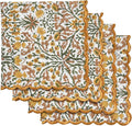 Ridhi Goldenrod Yellow Fern Green Hand Block Print Napkins 18" x 18" Set of 4 Reusable Cotton Dinner Napkins for Weddings, Parties & Everyday Dining, Thanksgiving, Christmas, Fall