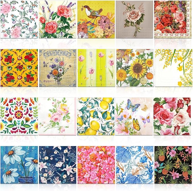 Crtiin 20 Pack Assorted Floral Napkins for Decoupage Toilet Napkins Flower Cocktail Decorative Paper for Birthday Party Beautiful Gorgeous, 20 Styles Each 6.5 inches(Style 9)