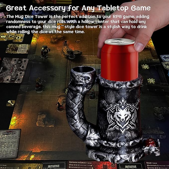 Mug Dice Tower - Dice Rolling Tower,(7PCS D20 Dice Set Included) for DND Gift and Dungeons and Dragon, Tabletop Games, Drink Holder, Tavern Style Board Game Roller (Black)