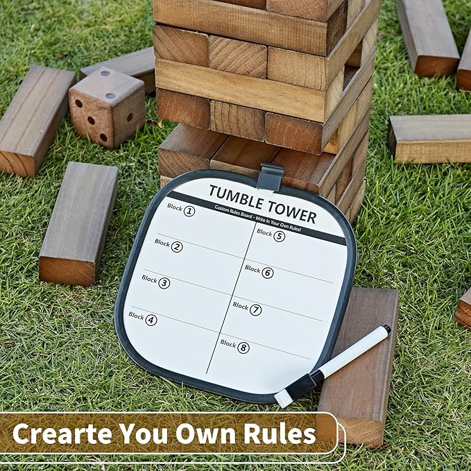 ApudArmis Giant Tumble Tower Stack to Over 5Ft, 60 PCS Pine Wooden Stacking Timber Game with 1 Dice Set - Classic Block Giant Game (7.48 * 2.48 * 1.5 in Each Block, Brown)