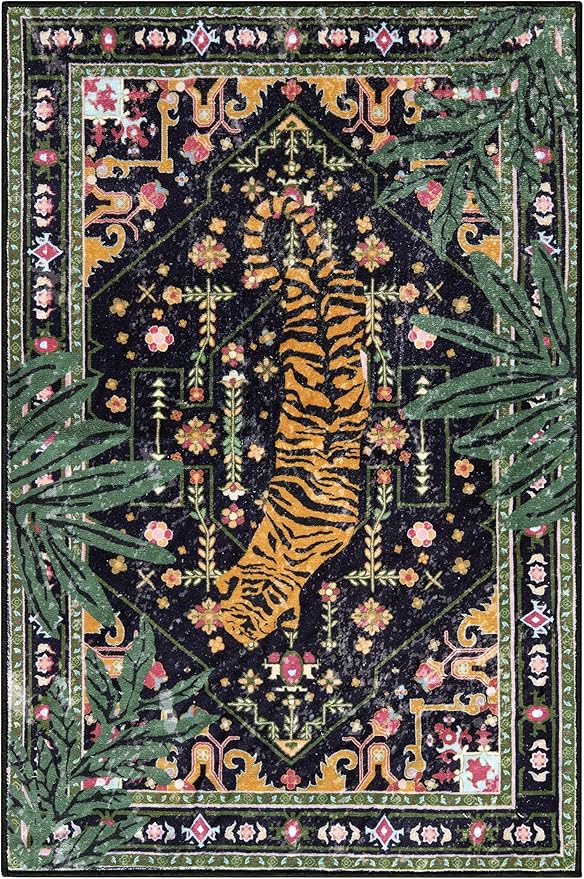 Oriental Tropical Entryway Rugs Washable, Thin Black Boho Vintage Distressed Hippie 2x3 Throw Rugs for Bathroom Kitchen Indoor Doormat Non-Slip Abstract Botanical Tribal Indian Accent Carpet