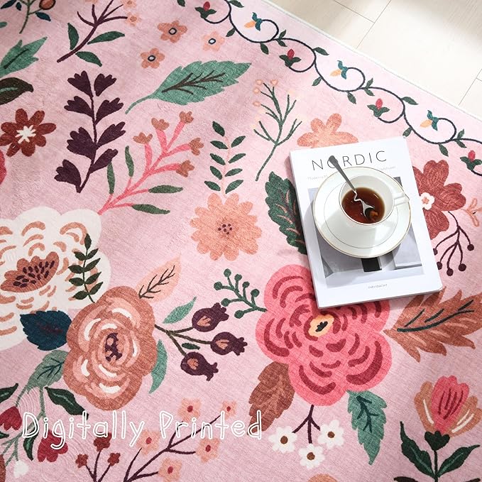 Rugcomf Door Mat Indoor Entrance 2x3 Rug Machine Washable Boho Floral Small Area Rug Non-Slip Low Pile Throw Rugs for Entryway, Kitchen, Front Door Indoor Entrance, Entry, Kids Room (Pink)