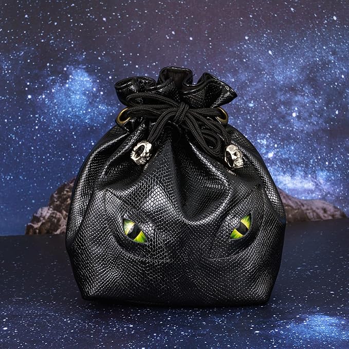 Large DND Dice Bag Leather Dice Storage Bag Black D&D Drawstring Pouch with Pockets for RPG Table Games - Can Hold 200+ Polyhedral Dice