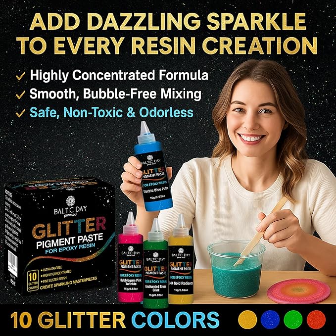 BALTIC DAY 10 Color Glitter Pigment Paste for Epoxy Resin, Mica Metallic Resin Pigment Set, Epoxy Colorant for Epoxy Art, Jewelry Making, Tumblers, Crafts & DIY Art Supplies Kit
