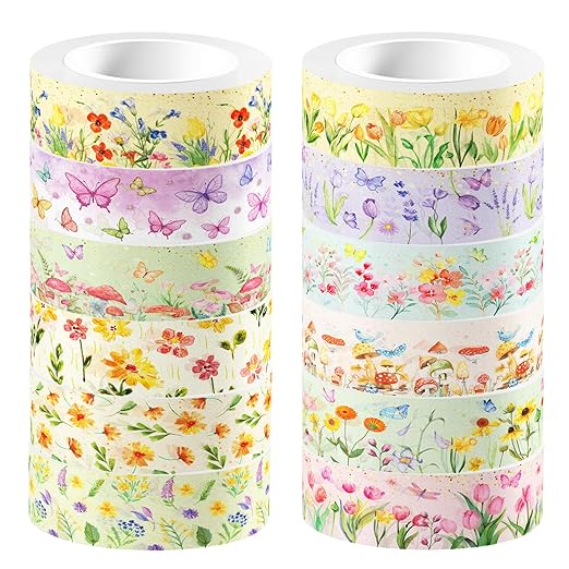 12 Pcs Flowers Washi Tapes Set Flowers Blooms Garden Vintage Flowers Masking Tape Floral Themed Decorative Tape Flowers Printed Decorative for DIY, Planner, Scrapbooking, and Party Decor