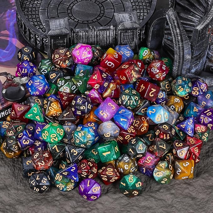 CiaraQ DND Dice Sets - 26 X 7 Polyhedral Dice (182pcs) with a Large Drawstring Bag for Dungeons and Dragons, Role Playing Table Game. Multiple Colors, Glitter Swirl Design with Gold Numbers.