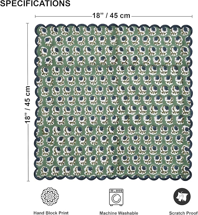 Ridhi Basil GreenHand Block Print Napkins 18" x 18" Set of 4 Reusable Cotton Dinner Napkins for Weddings, Parties & Everyday Dining, Thanksgiving, Christmas, Fall