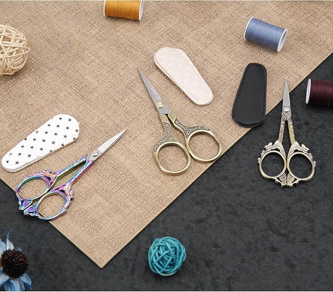 Artistic Vintage Craft Scissors Small 4.6 Inch Sharp Sewing & Embroidery Tool - Engraved Bronze Butterfly Handle, Silver Blade, Pink Polka Dot Case for Crochet, Fabric, Paper, DIY Crafts