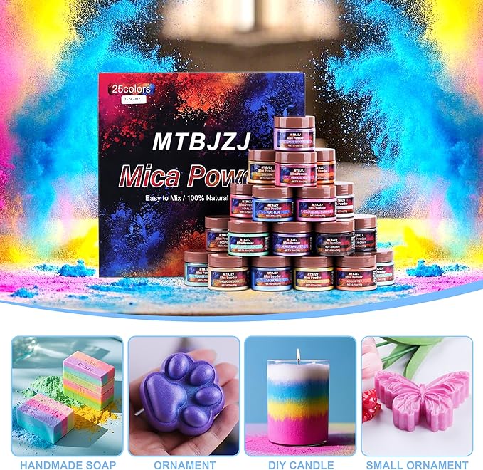 MTBJZJ Mica Powder for Resin, 25 Colors - 20g/Bottle of Epoxy Resin Color Pigment,for Candle Dye, Lip Gloss Pigment, Soap Making, Slime Colorant, Paint, Bath Bombs,Nail Polish and Eye Shadow