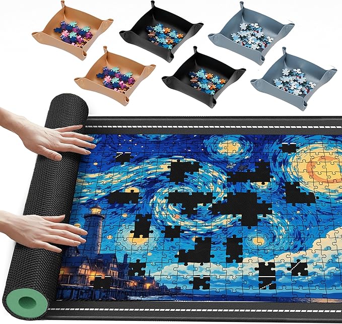 Lwoeo Jigsaw Puzzle Mat Roll Up, Black Rubber 53.3” x 35” Smooth Top Saver Pad Up to 3000 Pieces，Large Puzzle Matt Rollup with 6 Sorting Trays & 1 Storage Bag for Sorting Table, Board, Frame Mats
