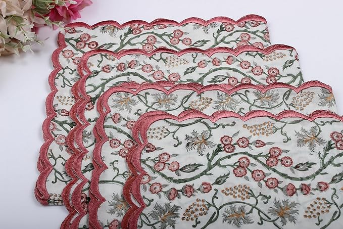 Ridhi Coral Pink Hand Block Print Napkins 18" x 18" Set of 4 Reusable Cotton Dinner Napkins for Weddings, Parties & Everyday Dining, Thanksgiving, Christmas, Fall