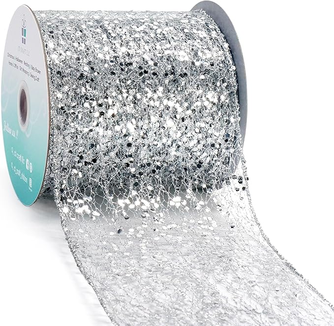 CT CRAFT LLC Sparkling Glitter Mesh Wired Ribbon 4" x 10 Yards Silver for Christmas Home Decor Bow Gift Wrapping DIY Crafts Wreath