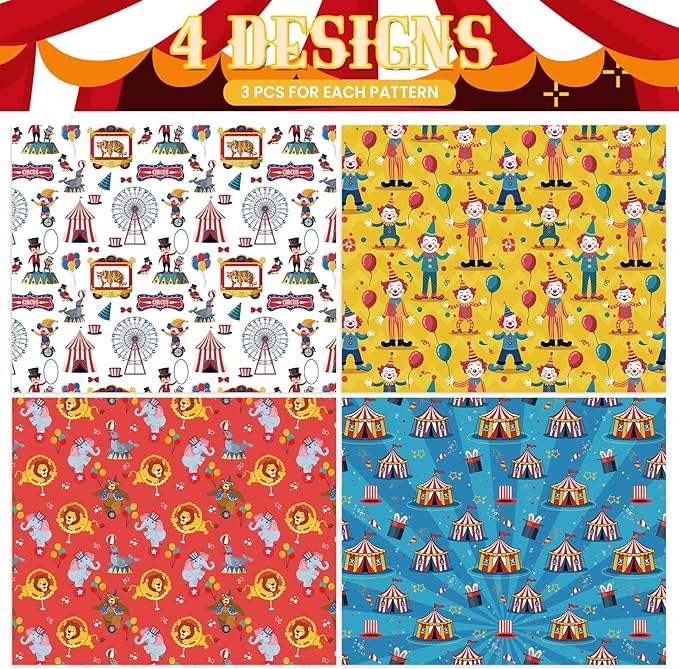 Pineraap 12 Sheets Circus Wrapping Paper, Cute Circus Acrobatic Clown Ferris Wheels Balloon Tent Pattern Folded Gift Packing Paper for Birthday, Baby Shower, Parties, Gifts, Crafts, 20 x 28 inch