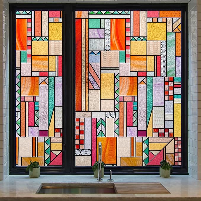 3D Stained Glass Window Privacy Film, Heat Control UV Blocking Static Cling Decorative Window Film for Bathroom,Front Door,Home Non Adhesive,35.4 x 78.7 inches Autumn Reverie