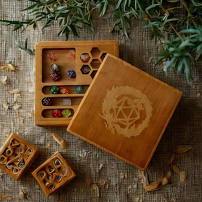 Bamboo Dice Box DND Dice Case 2 in 1 Dice Tray and Storage 7.5 x 7.5 Inch DND Dice Holder Dice Vault with Magnetic Lid Dice Rolling Tray Combined into One for RPG