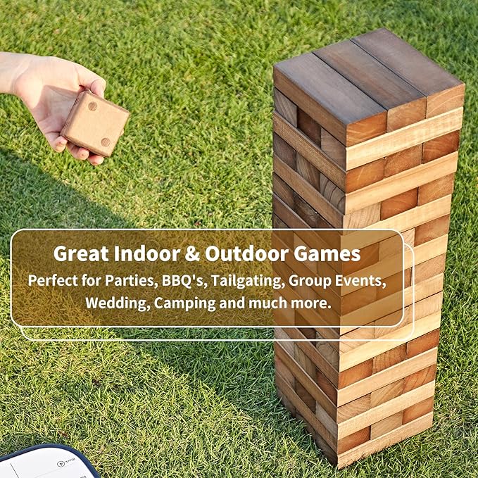 ApudArmis 54 PCS Tumble Timber Set Up to 3.2FT, Pine Wooden Tumble Tower Game with Dice and Scoreboard Set - Classic Block Stacking Board Game for Adults Teenagers (Brown)