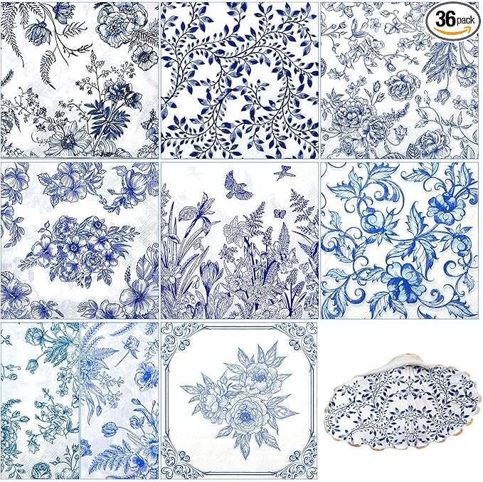 Crtiin 36 Pack 9 Styles Decoupage Napkins Assorted Floral Decorative Decoupage Napkins Chinoiserie Cocktail Paper for DIY Crafting Birthday Party, Each Unfolded 13 Inch(Blue Floral)