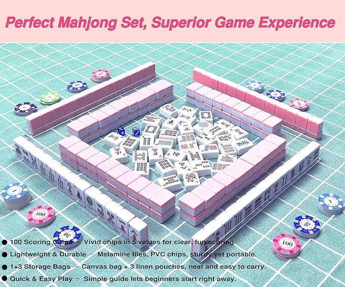 American Mahjong Tile Set – Complete 166 Tiles with Deluxe Accessories, 4 Racks, 100 Colorful Chips, Instruction Book & 1+3 Mahjong-Themed Storage Bags, Portable Mahjong Set for Family Fun & Holidays