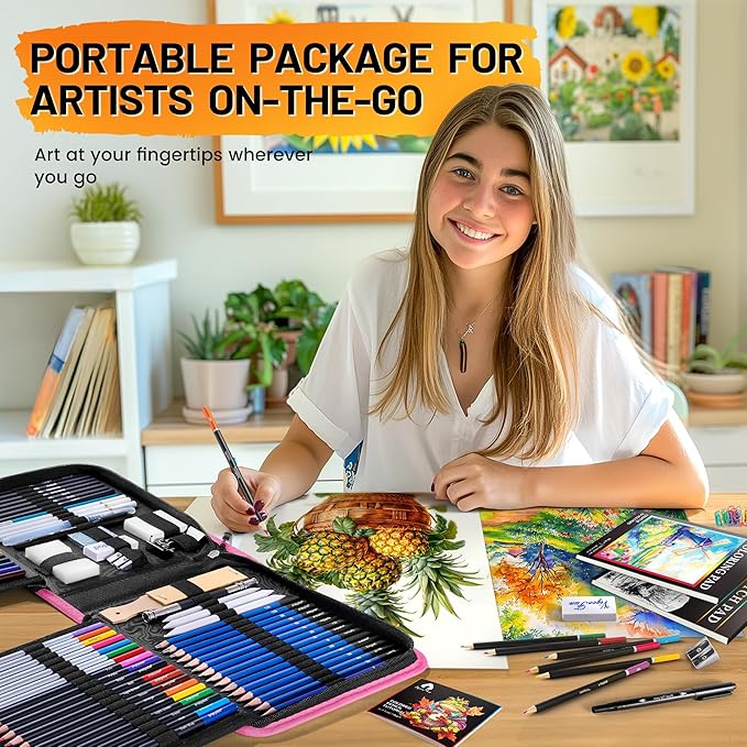 106 PCS Art Supplies Sketching Kit, Pro Drawing Pencils with 3-Color Sketchbook, Coloring Book, Colored Graphite Charcoal Watercolor & Metallic Pencils, Drawing Supplies Gifts for Artists Adults Kids
