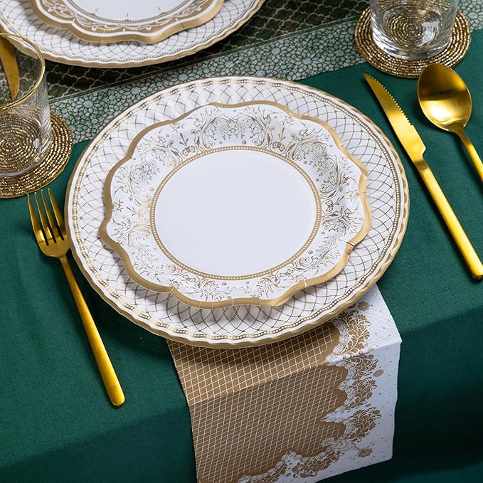 Talking Tables 24 x Gold Disposable Paper Party Plates in 3 Styles, Strong and Sturdy Elegant Scalloped Design Recyclable Dishes for Christmas, Birthday Weddings, Anniversary 9inch