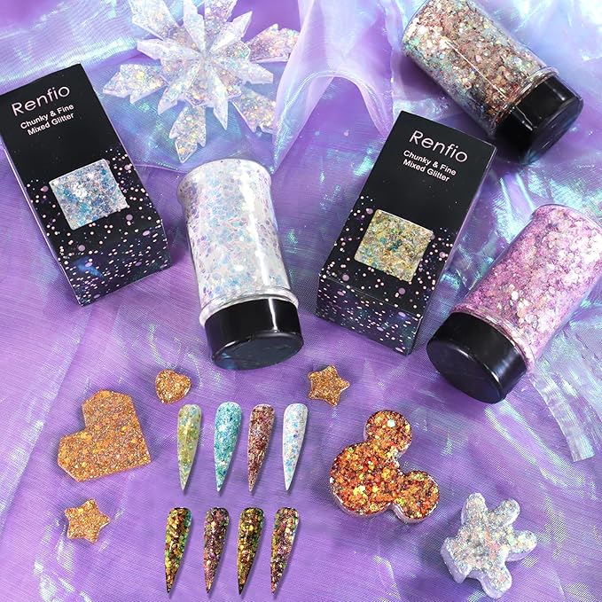 Renfio Opal Chunky Glitter, 1.58oz/45g White Glitter, Dreamy High Sparkle Glitter for Crafts Holographic Fine Glitter Mix Iridescent Glitters Flake for Resin Nails Art Hair DIY Snow Globe - Ocean Wave